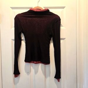 Vintage Top S Italy Black Pink Shimmery Long Sleeve Mock Neck Layered Glitter
